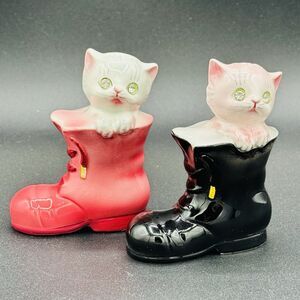 Kitten Cat Boot Rhinestone Eyes MCM Ceramic Salt Pepper Shakers JAPAN Lefton